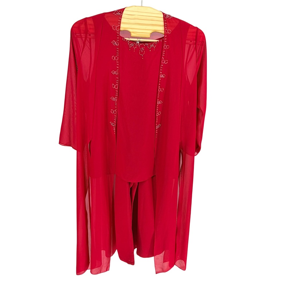 Vintage 3-Piece Beaded Chiffon Pant Suit XL Red Duster Tank Wide Leg Formal